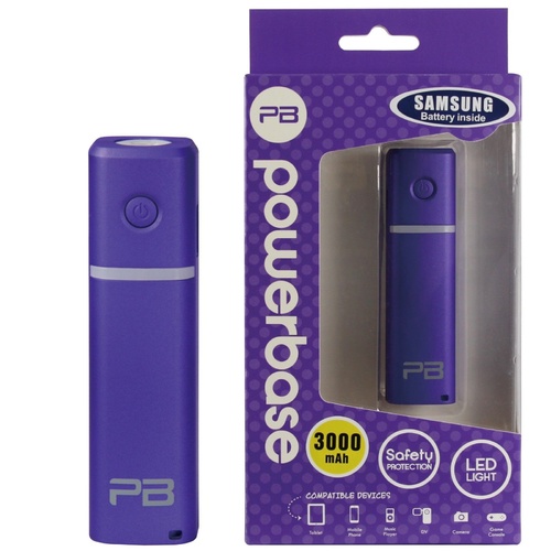 PowerBase Power Bank Charger 3000 mAh with Torch in Purple