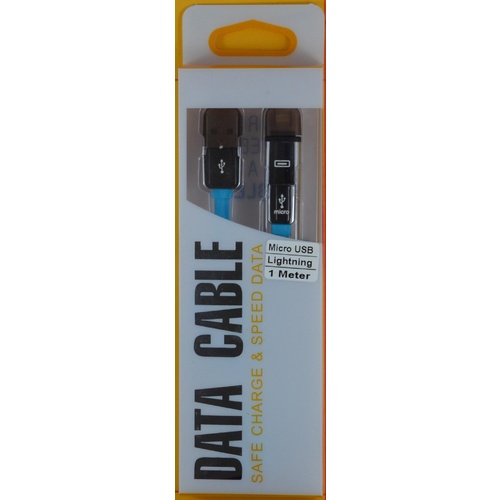 2 in 1 USB to Micro USB/Lightning Cable 1M Blue